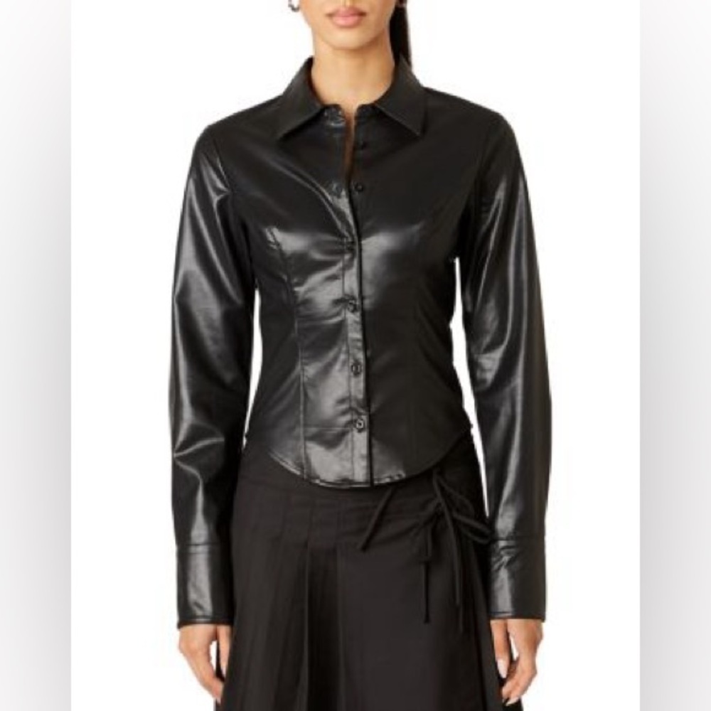 NIA Faux Leather Brielle Button Up Black Shirt Size Medium NWT - Picture 2 of 11